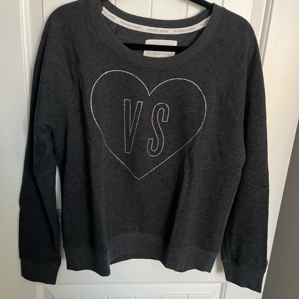 Victoria Secret Vintage Charcoal Gray Sweatshirt w/ Diamond Gemstone Heart L EUC